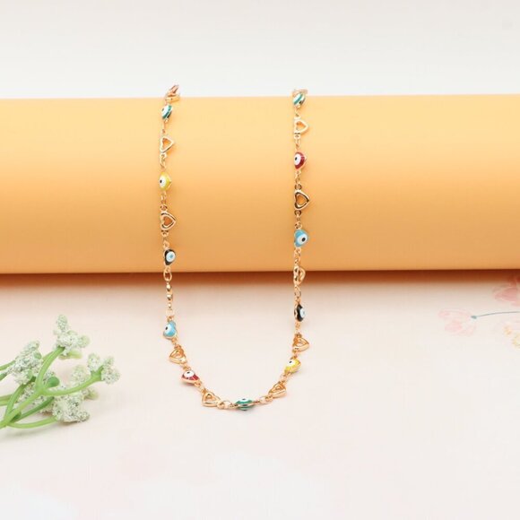 Rose Gold Plated Heart & Multicolor Evil Eye Necklace, XPNL0276 - Picture 1 of 12